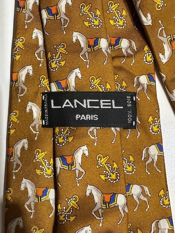 LANCEL Paris Tie Mens Brown 100% Silk Necktie 59” X 3.75” Horses Anchors VTG