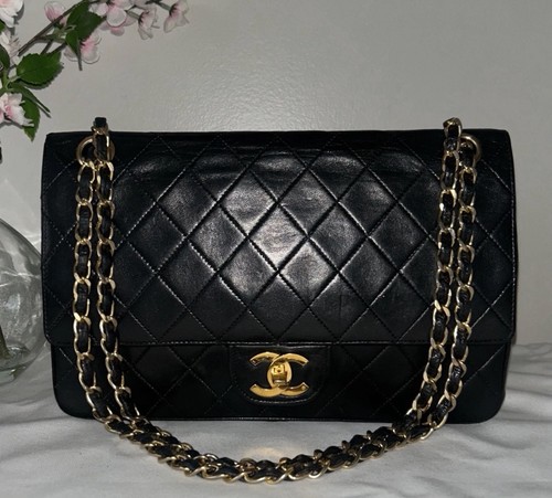 CHANEL Medium Classic Double Flap Lambskin Quilted Handbag Black/24K Gold