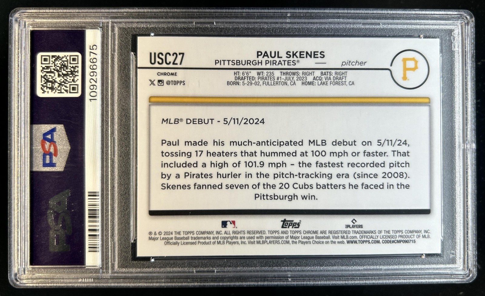 2024 Topps Chrome Update Paul Skenes Rookie RC #USC27 Pirates PSA 9 view 2