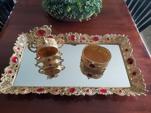 VTG HOLLYWOOD REGENCY ormolu VANITY MIRROR TRAY only XL 28" x 16" red jewels