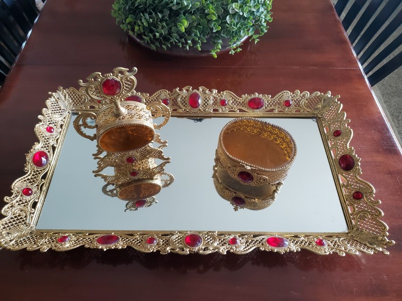 VTG HOLLYWOOD REGENCY ormolu VANITY MIRROR TRAY only XL 28" x 16" red jewels