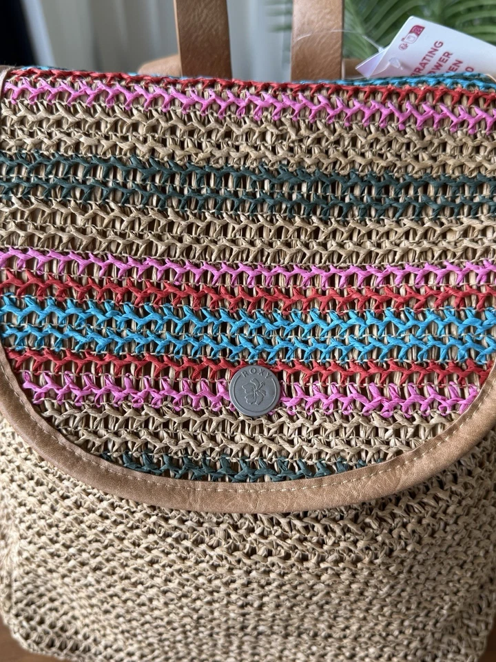 Mochila Roxy Coco Pearl Cinch Top Multicolor Tejido Paja y Correa de Cuero Vegano Foto 3 de 4