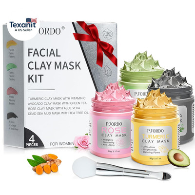 4 Pcs Clay Mask for Face(360G in Total), Turmeric Vitamin C, Dead Sea Mud, Green