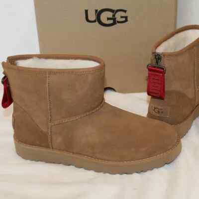 NEW UGG Classic Mini Zip Suede Shearling Boots Chestnut Red