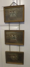 Vintage Hanging Framed 3 Tier Hand Colored Photographs Twins in Wicker Stroller