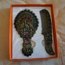 Hand Mirror & Comb Set Multicoloured Peacock Design boxed