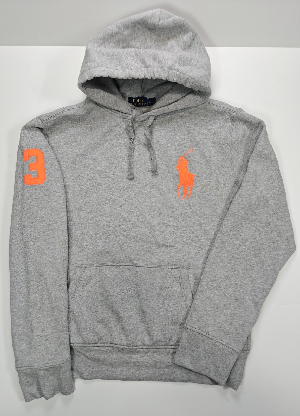 Polo Ralph Lauren Uomo GRIGIO ARANCIONE Grande Enorme Pony Felpa con Cappuccio Taglia Large Vols Rugby