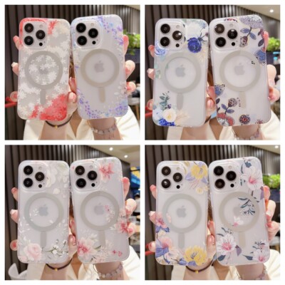 Matte Transparent Magnetic Attraction New Frosted Flower Case For iPhone 11-15