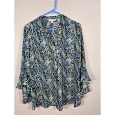 Counterparts Paisley Blouse Bell Sleeve Button Down Top XL