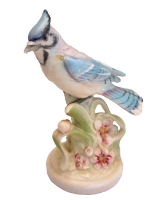 Vintage porcelain blue jay bird figurine japan w flowers. 6'' tall. ceramic