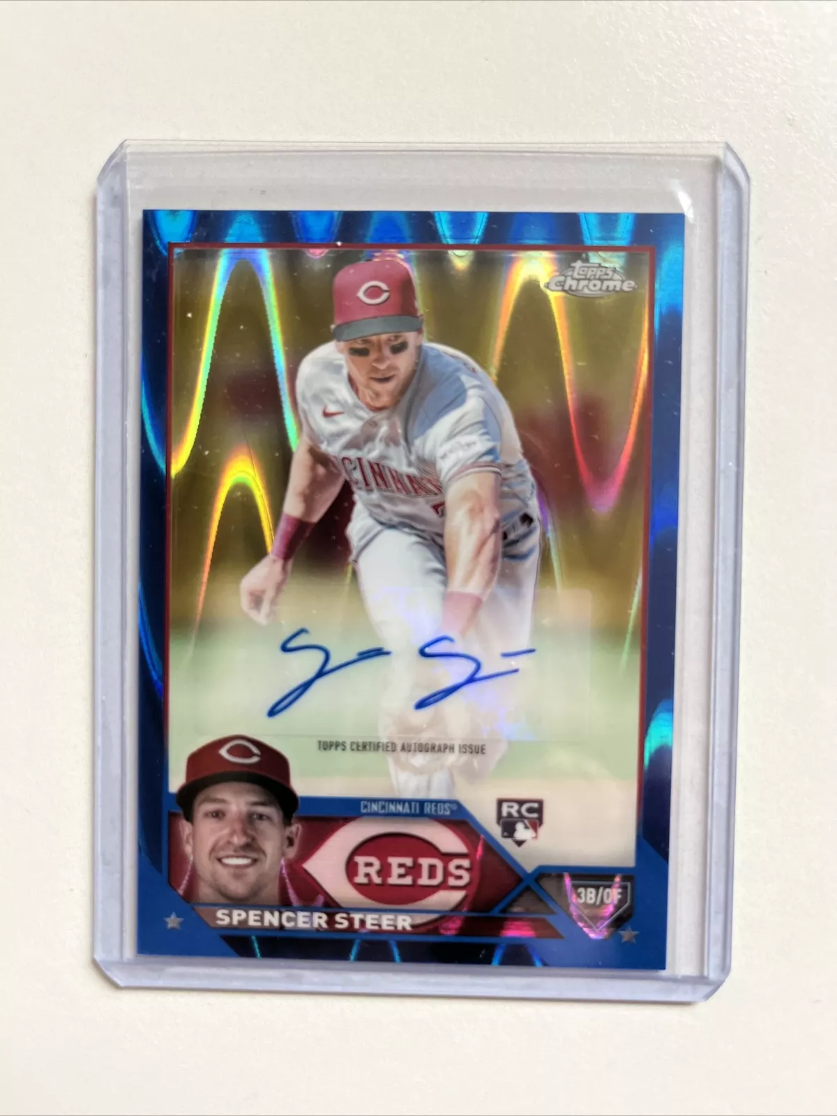 2023 Topps Chrome Update Spencer Steer BLUE REFRACTOR AUTO /150 ROOKIE 🔥