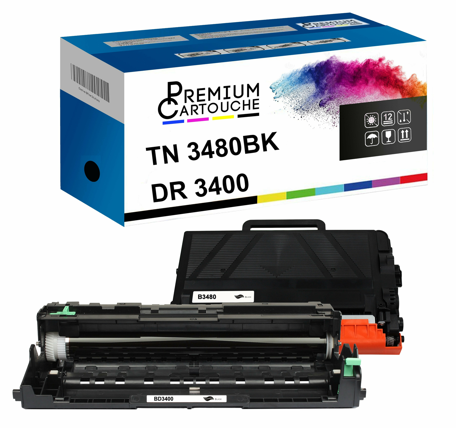 Pack TN3480 et DR3400 compatible Brother incluant 2 toners noirs et 1 tambour de rechange