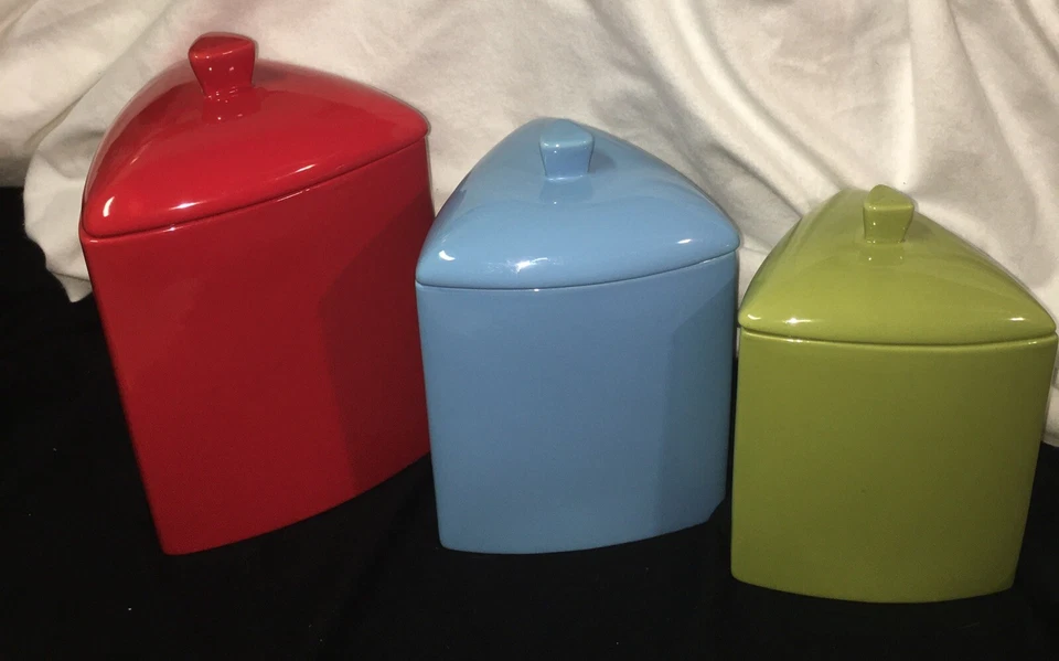 Oneida De Colección MCM Buffalo China Triángulo Juego de 3 Botes Rojo Azul Verde Usado en Excelente Condición Raro Foto 4 de 4