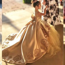 Flower Girl Dress Communion Dresses Kids Evening Ball Gown Gold Applique