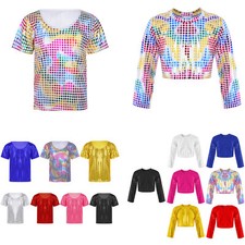 Kids Girls Boys Shiny Sequins Shirt Top Shot Sleeve Loose T-Shirt for Jazz Dance