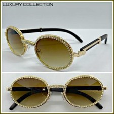 Mens Classy Elegant Sophisticated Retro SUN GLASSES Bling Oval Gold  Wood Frame