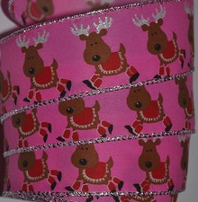 Wired Ribbon Christmas Reindeer Jazz Hot Pink Silver 1.5" Holiday Wreath Bow