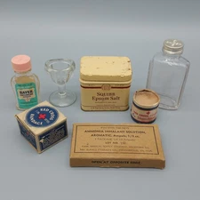 Vintage Medicine Cabinet First Aid Items Bottles Bandages Eye Cup Tin Lot Of 7