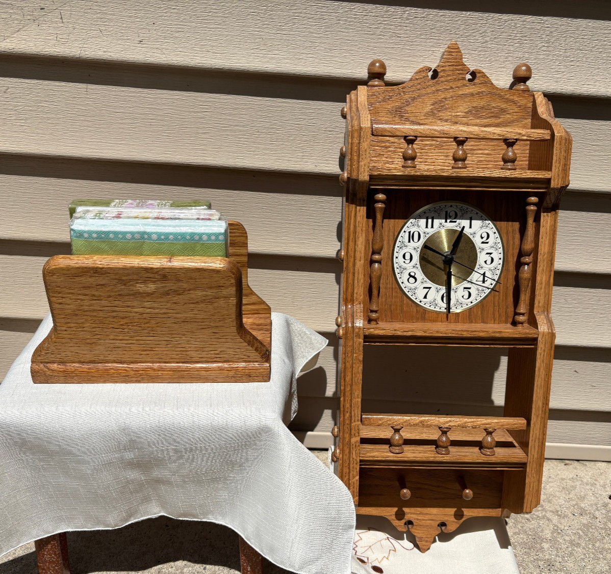 Handmade Working Country Oak Wood Wooden Wall Clock with Matching Napkin Holder