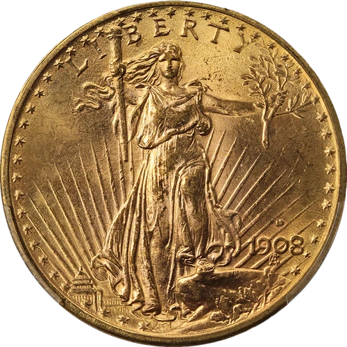 1908-D Saint-Gaudens Gold $20 w/ Motto PCGS MS63 Great Eye Appeal Strong Strike