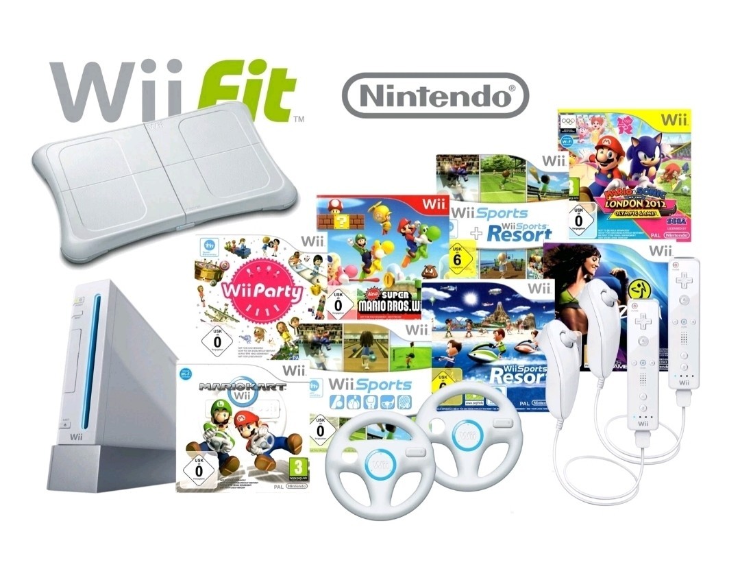 Nintendo Wii Console Bianca Wi-Fi RCA con Telecomando, Nunchuk, Cavi e Wii Fit
