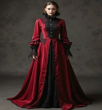Gothic Red Black Prom Dress High Neck Long Sleeves Vintage Medieval Evening Gown