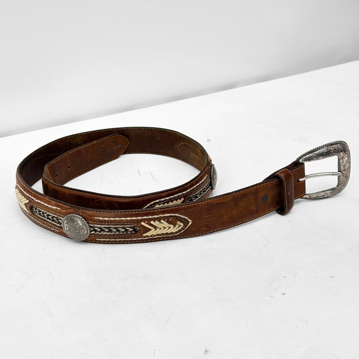 Braided Brown Leather Belt with Decorative Silver-Tone Conchos Nocona Men main image 3