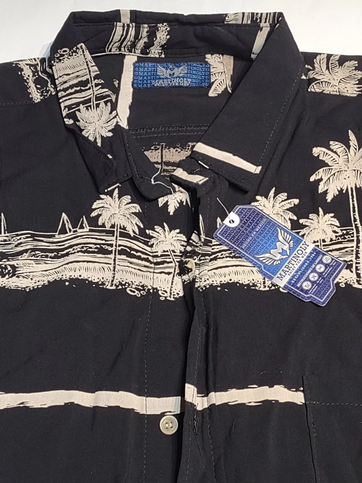 Mens Hawaiian Martinoly Black Palms Button Down Shirt XL NWT