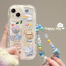 Cute 3D Bear Chain Clear Case for iPhone 17 Air 16 15 14 13 12 11 Pro Max Mini