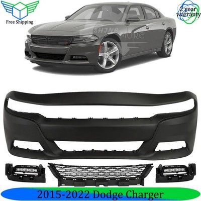 Front Bumper Cover Primed Plastic & Fog Lights Kit For 2015-2022 Dodge Charger