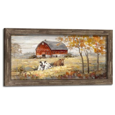 Farmhouse Wall Art Wood Print: Rustic Country Landscape Barn Framed Picture Hori