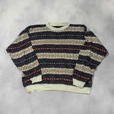 Vintage Abstract Knitted Jumper Patterned Grandad Knit Sweater Men's L