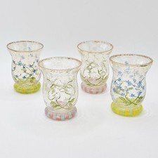 Set Of 4 Crackle Glass Votive Candle Holders Lot Blue White Flowers w/ Gold Trim