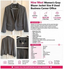 Nine West Women’s Gray Lined Button Blazer Jacket Long Sleeve Business Size 8