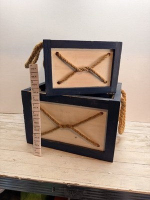 Maritime rustikale Aufbewahrungsboxen aus Holz mit Seilgriffen dunkelblau portofrei