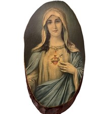 Vintage Immaculate Sacred Heart Mary Live Edge Wood Slice Wall Hanging Plaque
