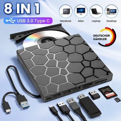 8 IN 1 Optisches Laufwerk USB 3.0 Type C Externes CD/DVD Laufwerk Brenner Playe