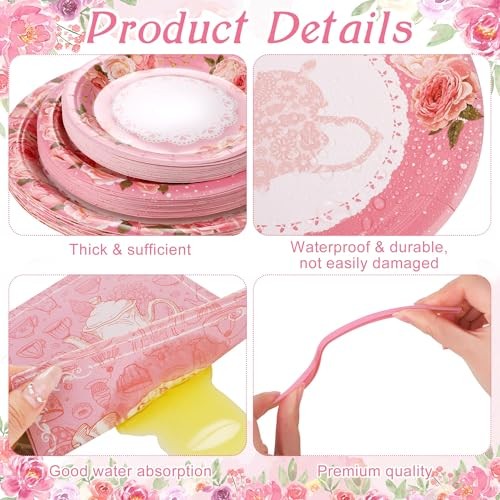 192 Pcs Tea Party Tableware Sets Disposable Tea Party Supplies Including - Afbeelding 3 van 7