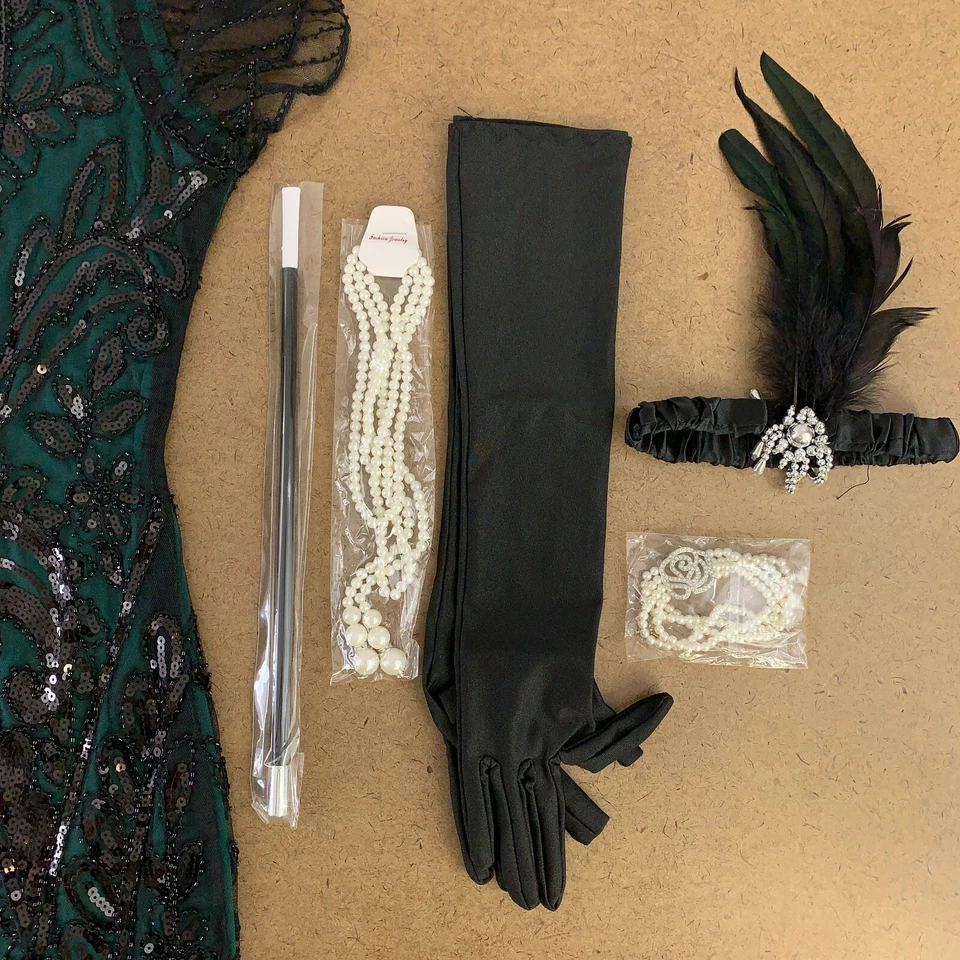 Conjunto de 9 piezas de vestido y accesorios grande con flecos de lentejuelas y flecos para mujer Foto 4 de 4