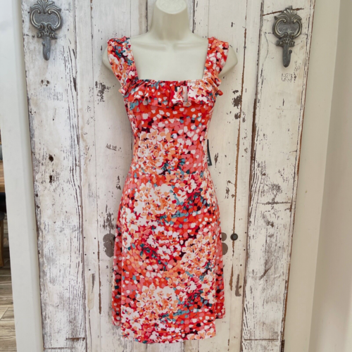 Glamour Sz 8 Woman's Pink Orange Blue Yellow Floral Ruffle Classy Colorful Dress