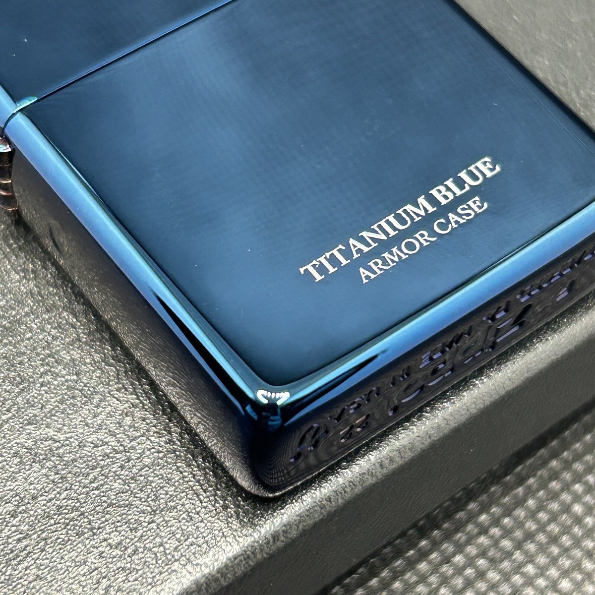 Zippo Armor Case Titanium Blue Side Logo Oil Lighter Etching Brass