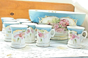 PORCELAIN  PUNCH  BOWL  SET  for  TOM & JERRYS w/ 8 cups