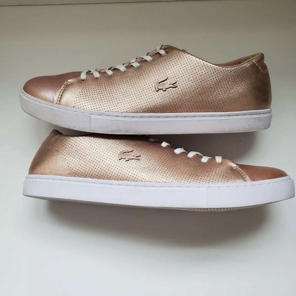 Lacoste Showcourt Sneakers Trainers Shoes Rose Gold &amp; White size 10 | eBay