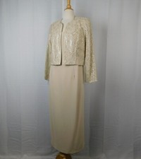 R M Richards 2pc Sheath Evening Dress  Sequin Jacket Set 14, Cream Beige 9727