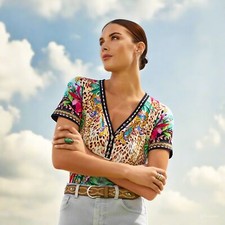 Johnny Was Janie Favorite Henley Tee Short Miller Tigre Floral Shirt Top NEW