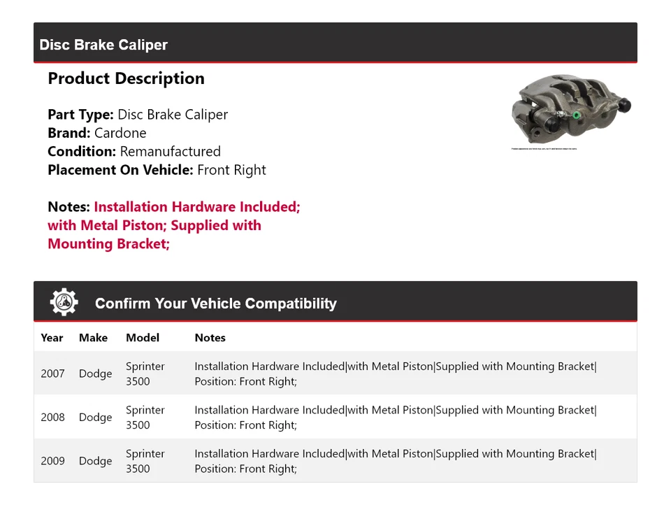 Pinza de freno de disco delantera derecha Cardone 2008 para Dodge Sprinter 3500 2007-2009 Foto 2 de 4
