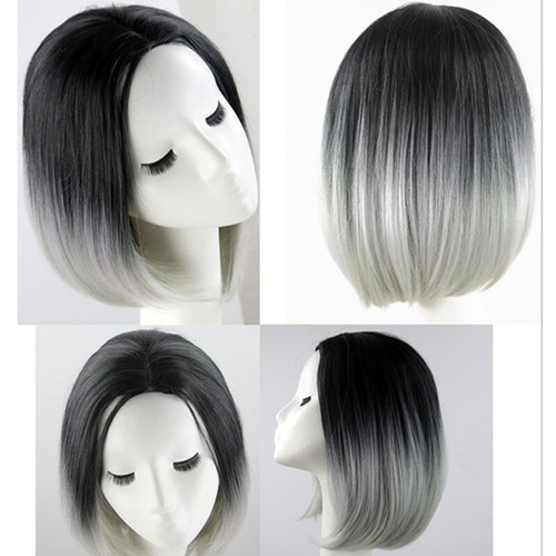 Women Short Black Grey Ombre Bobo Wigs Synthetic Heat Resistant