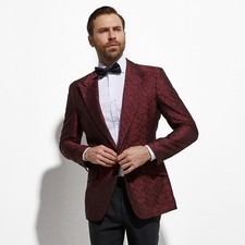 Dark Red Jacquard Custom Made Men Suit Slim Fit Tailor Made Men Suit Black Pants