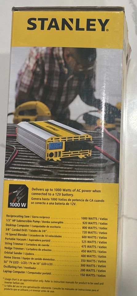 NIB Stanley 1000 Watt Power Inverter, PI1000S, Triple AC, Dual USB - READ - Image 2 of 4