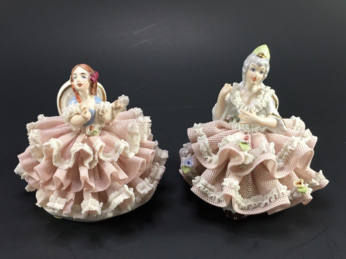 Antique Pair of DRESDEN Sandizell Lace Porcelain Miniature